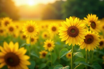 Fototapeta premium Shining sunflowers in a field of heart-shaped wild flowers, wild flowers, garden scenes, bright yellow petals