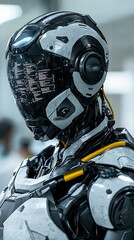 Fototapeta premium Advanced humanoid robot with a sleek design and futuristic features, displaying intricate details and a digital interface in a modern indoor setting.