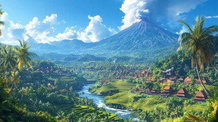 Fototapeta premium Scenery of rice paddies at the foot of a volcano