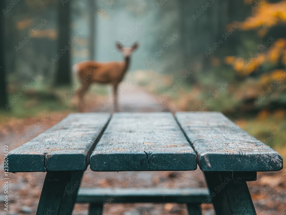 Aufkleber Rustic Table by Forest Stream with Blurred Deer in Background