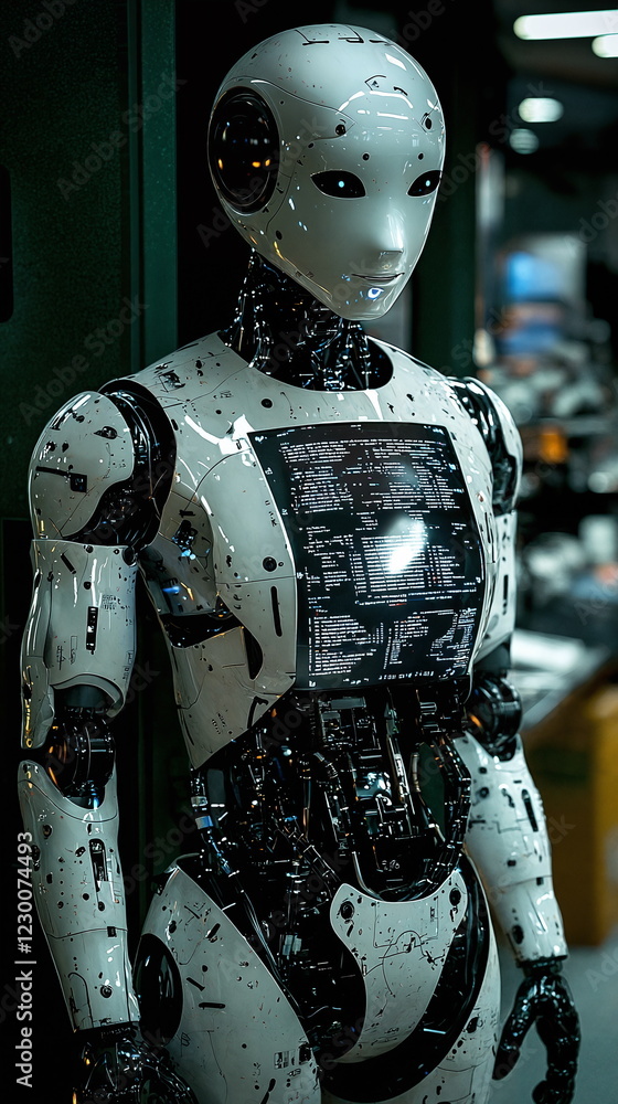 Poster futuristic humanoid robot with a sleek design and intricate detailing, standing in a high-tech envir