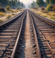 Fototapeta premium Railroad tracks splitting into two distinct paths, divergent path, diverging rails