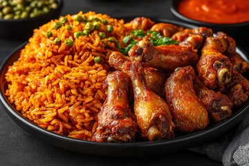Fototapeta premium An appetizing horizontal top view of traditional Nigerian cuisine.