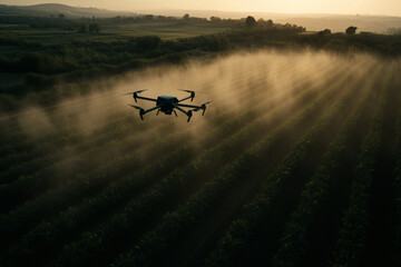 Drone spraying crops at sunset.
