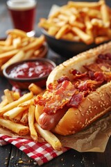 Hot dogs with various toppings. Food background. Fast food, junk food, street food concept.