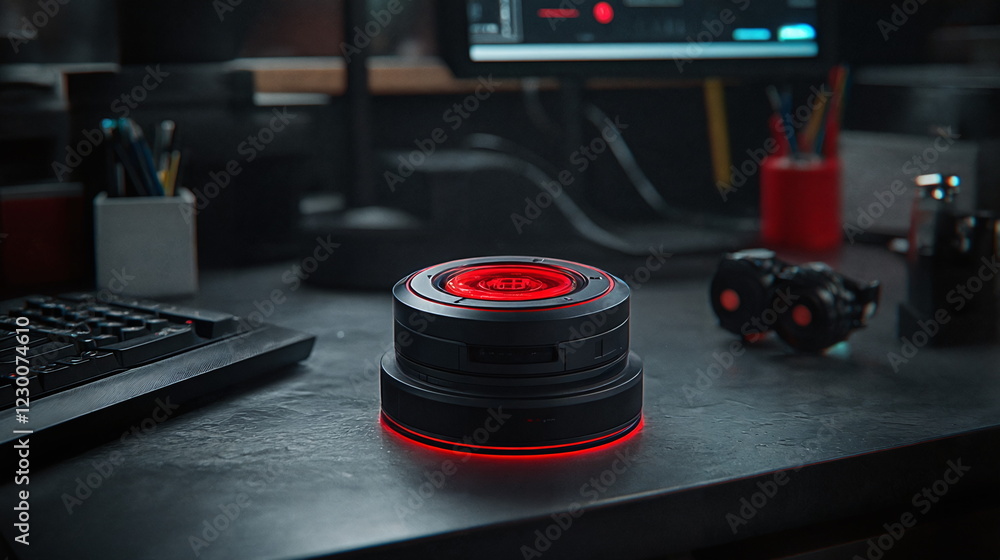 Aufkleber high-tech device glowing on a dark desk near a computer setup with a keyboard, various office suppli