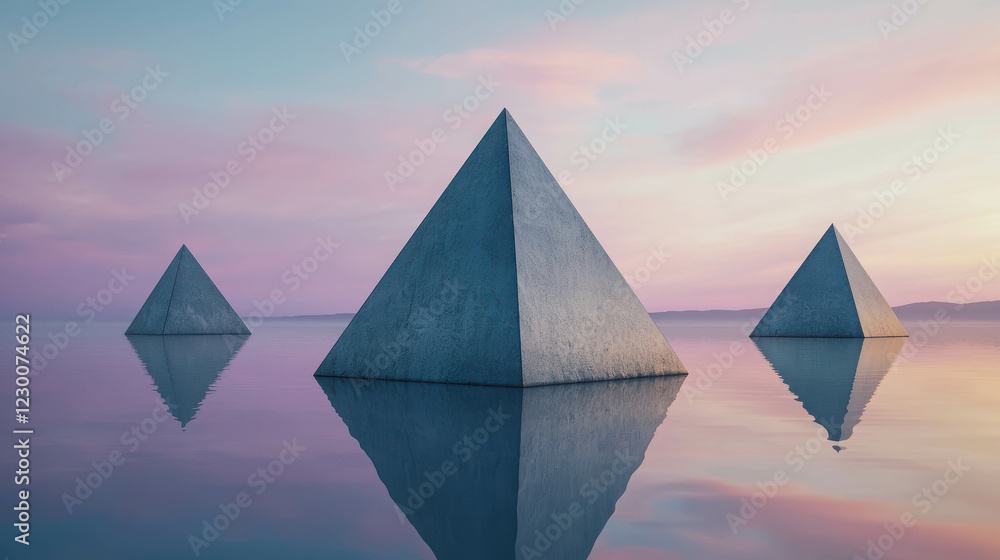 Aufkleber surreal scene with large geometric monoliths floating in a calm reflective water surface