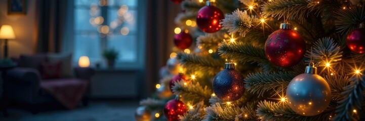 Sparkling Christmas tree with ornaments and garlands, colorful ornaments, magical atmosphere, wintry decorations