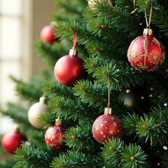 Sparkling ornaments and evergreen branches intertwined with ribbons, fir, decoration, ribbon