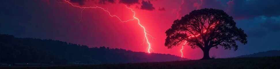 Red bolt of lightning illuminating a dark forest landscape, , tree, illuminated