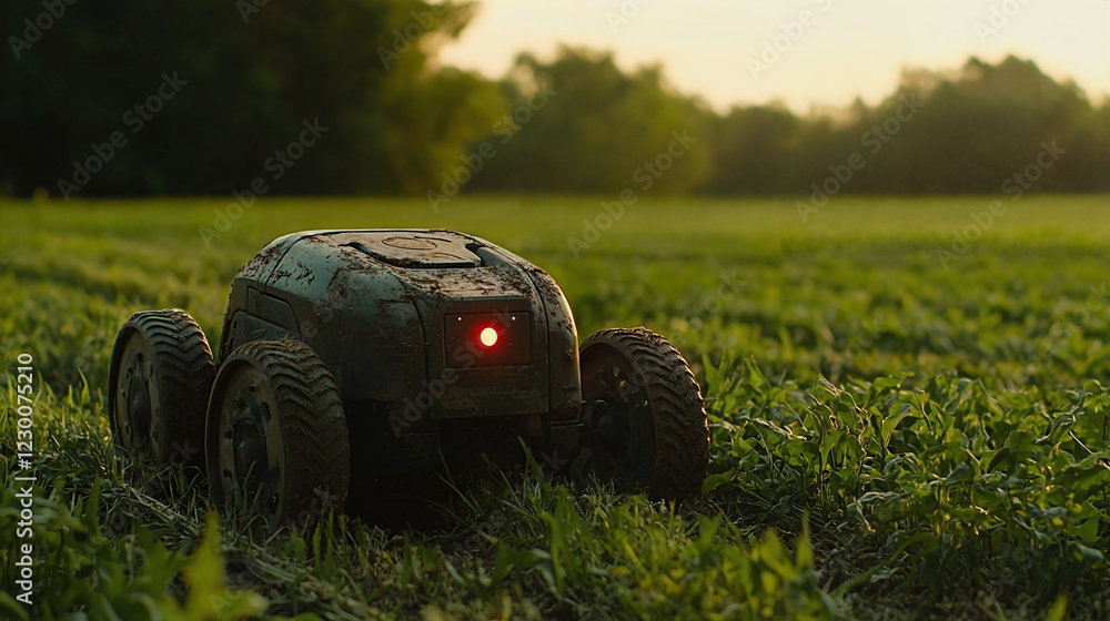 Poster remote-controlled robot exploring green field under sunset light, reflecting technology integration 