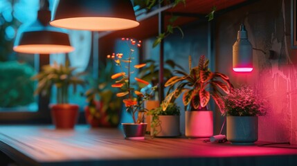 Cozy indoor plant arrangement with colorful lighting, showcasing vibrant foliage and tranquility