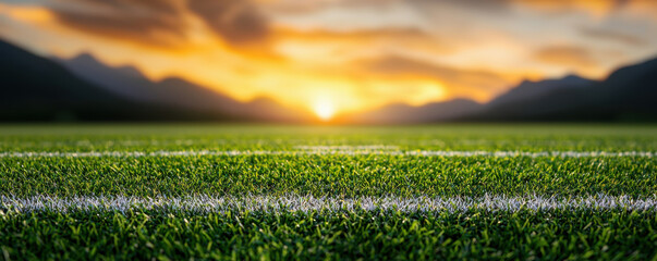 football field with vibrant grass and stunning sunset backdrop