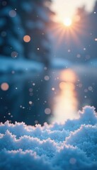 Obraz premium Sparkling snowflakes gently falling on a frozen lake, snowy effect, sparkling snowflakes