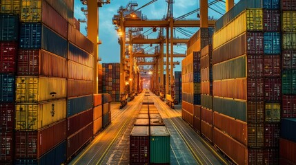 Fototapeta premium Industrial Supply Chain System with Container Shipments at Dusk