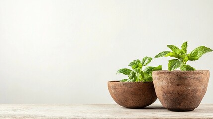 Minimalist herb garden display, wooden table, earthy tones, fresh mint and basil, rustic bowls, essence of natural remedies and health