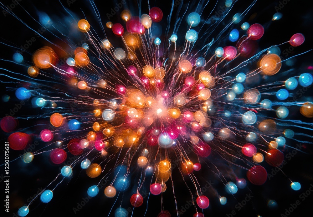 Poster Vibrant Explosion of Colorful Lights with Unique Patterns and Effects in a Dynamic Display of Light and Movement against a Dark Background