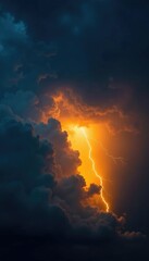 Stormy night sky with bright yellow lightning illuminating dark clouds, lightning storm, weather phenomenon