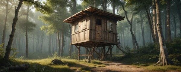 Remote wooden hunting shelter perched on stilts in the wooded area, remote, remote, wildlife, wooden hut
