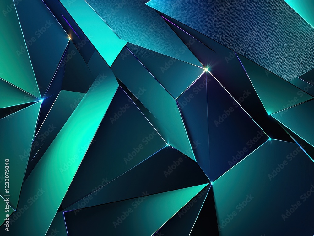Poster vibrant geometric abstract design featuring sharp angles and vivid color gradients in deep blue and 