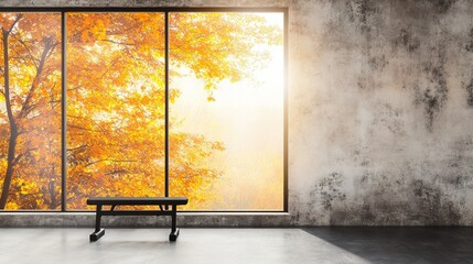 Minimalist home gym with autumn view, bright space, focus on wellness, tranquility, nature-inspired design, vibrant golden trees outside