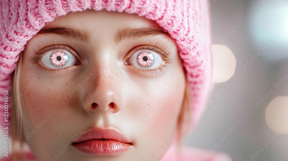 Poster a close-up image showcases a person wearing a pink hat with a blurry background this is not visionar
