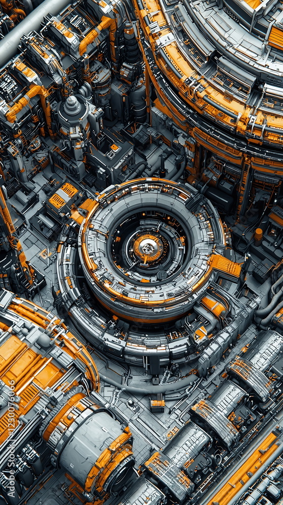 Poster intricate machinery with futuristic design elements and a blend of orange and gray colors creating a