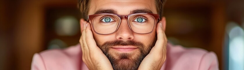 Fototapeta premium A close up portrait of a man with glasses and a pink jacket His hands are on his cheeks The man has a light beard and blue eyes This image does not depict an executive making a high-pressure