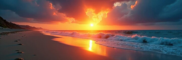 Sun rises over the sea sand as rain falls from the sky in a misty veil, veil, rain