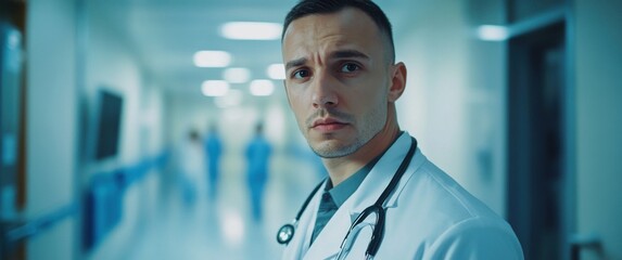 Obraz premium Serious caucasian male doctor in hospital corridor