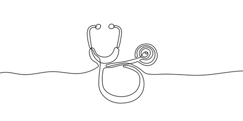 Medical tool - Stethoscope in simple outline illustration. Continuous line drawing of stethoscope. Vector illustration