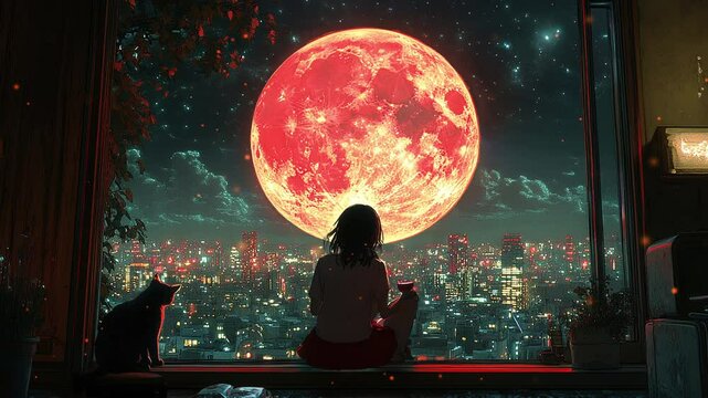 Animated woman and cat sitting on a windowsill, gazing at the moon in a peaceful night scene