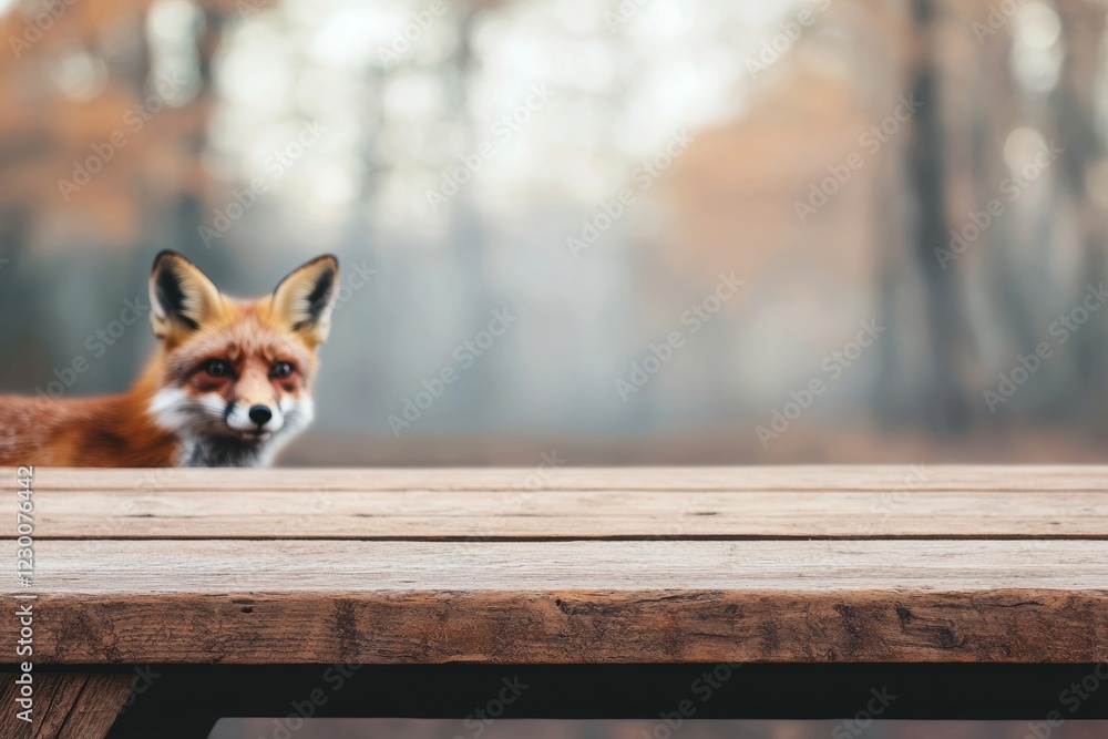 Poster Curious Fox by Rustic Wooden Table in Forest Clearing