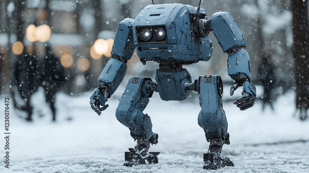 Poster Small blue robot walking through snowy landscape in urban setting with blurred pedestrians and soft snowfall creating a tranquil winter atmosphere.