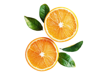 Fresh orange cut in half with green leaves.