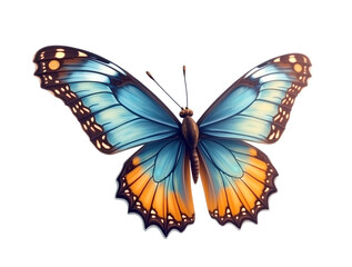 Fototapeta premium Stunning blue, yellow, and orange butterfly in flight, isolated on a transparent background (PNG file).