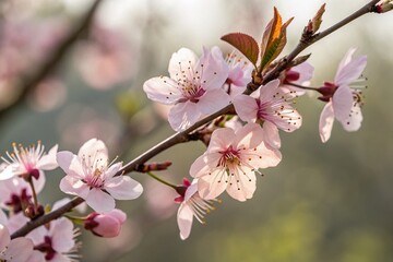 Delicate Pink Blossoms Close-Up: Spring Branch Macro Photography