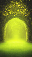 Green tunnel, misty path, nature, serene background, ideal for fantasy
