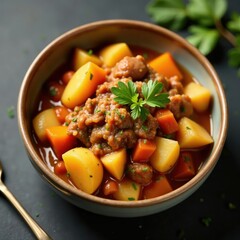 A bowl of warm parmentier made with beef, roasted pumpkin, and boiled potatoes, comfort, potatoes, parmentier