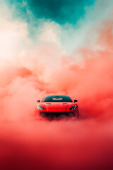 front view of a red with black modern car with black wheels parked in a cloud of smoke at midday