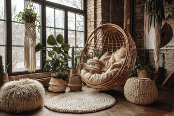 Fototapeta premium Fiber pouf completes the relaxation feel of the room.