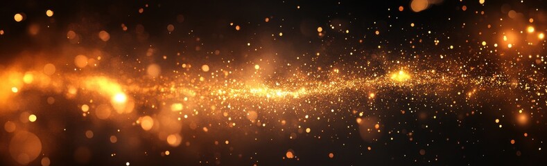 Vibrant Gold Particle Stream with Shimmering Lights in Dark Space, Creating a Magical Starry Background for Art and Design Projects