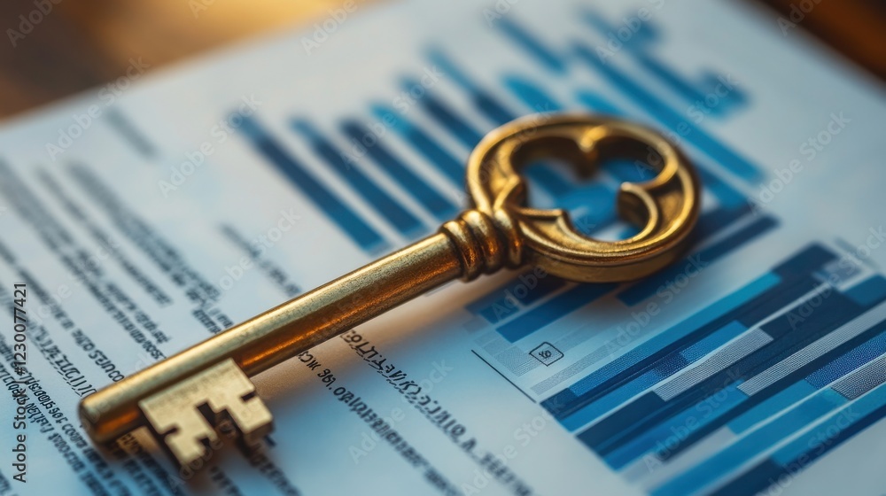 Poster a golden key rests on a financial report featuring blue bar graphs, symbolizing access and insight i