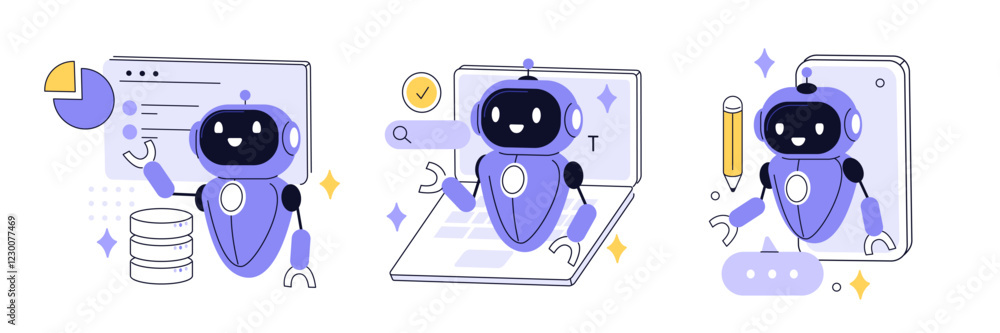Poster artificial intelligence technology in business set. ai robot assistant analyzing data, business task