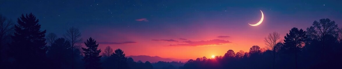 Fototapeta premium A crescent moon in the northeastern sky near trees, crescent moon, trees, lunar phase