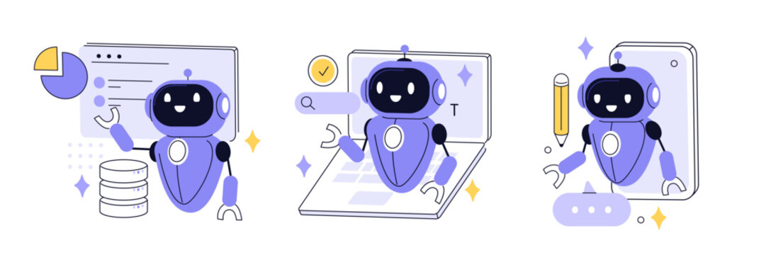 Artificial intelligence technology in business set. AI robot assistant analyzing data, business tasks, seo. Automation tools concept. Vector illustration.