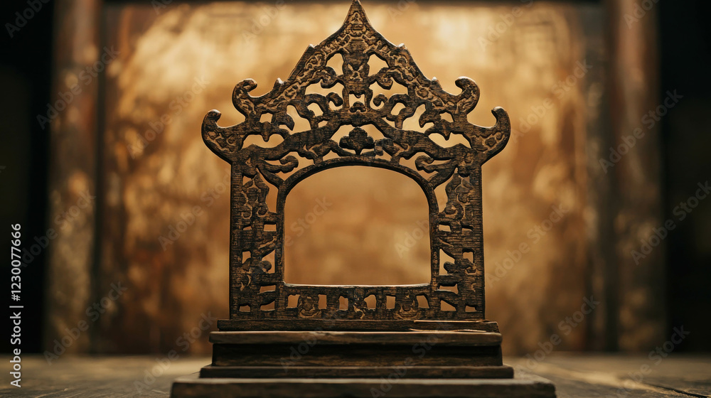 Poster traditional shadow puppet play in progress with intricate wooden frame displayed