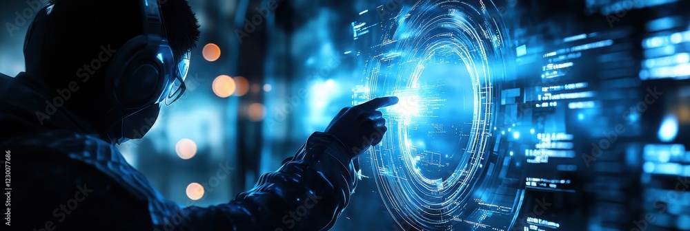 Aufkleber a futuristic scene where a person interacts with a glowing digital interface, showcasing advanced te