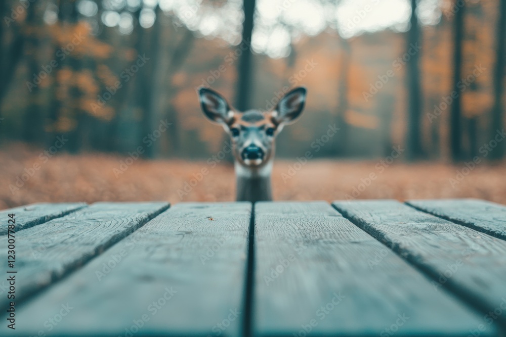 Poster curious deer peeking over picnic table in autumn forest