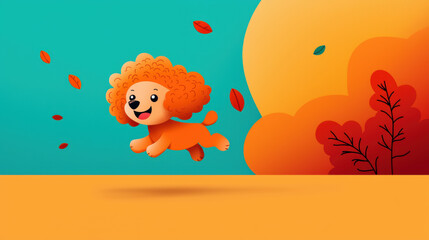 Poodle illustration, A joyful poodle runs through colorful autumn leaves in a high-quality image.